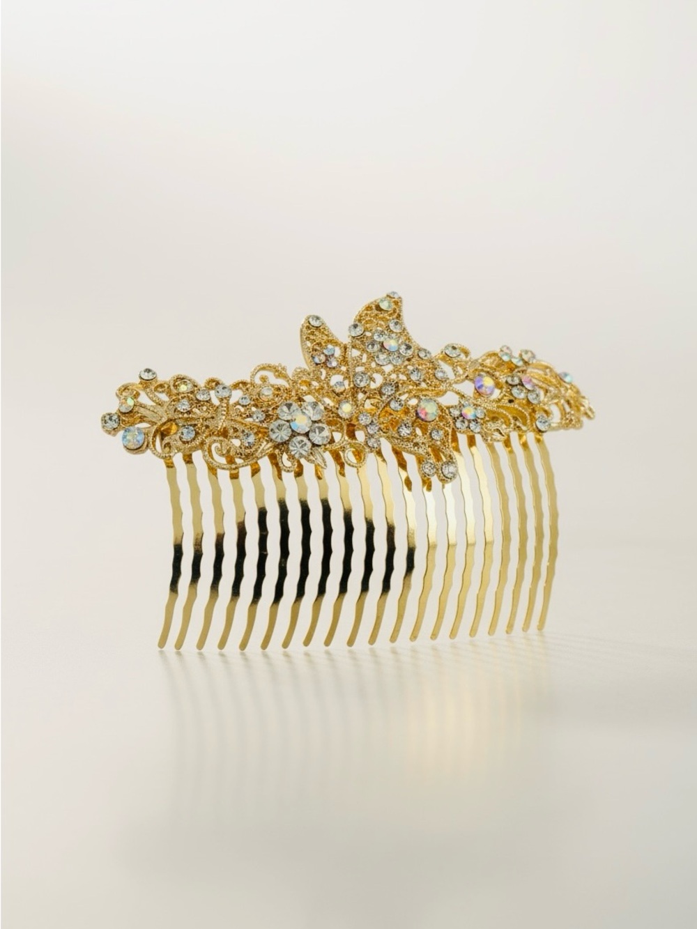 Gold Rhinestone Butterfly Floral Hair Comb Bridal Wedding Prom Formal Accessory - Picture 9 of 9